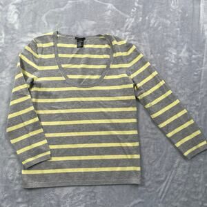 Theory Knit Top Womens Medium Gray Yellow Striped Scoop Neck 3/4 Sleeve Y2K